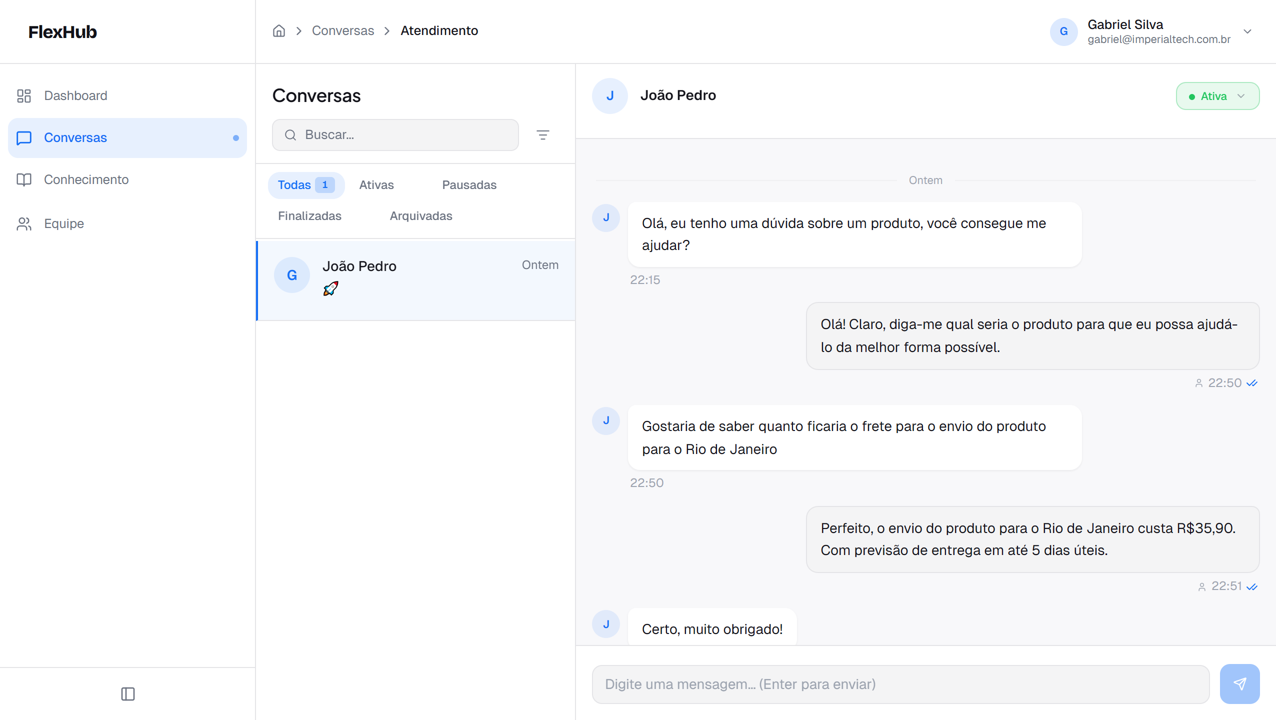 Painel de atendimento Imperial Tech — interface de gerenciamento de conversas via WhatsApp